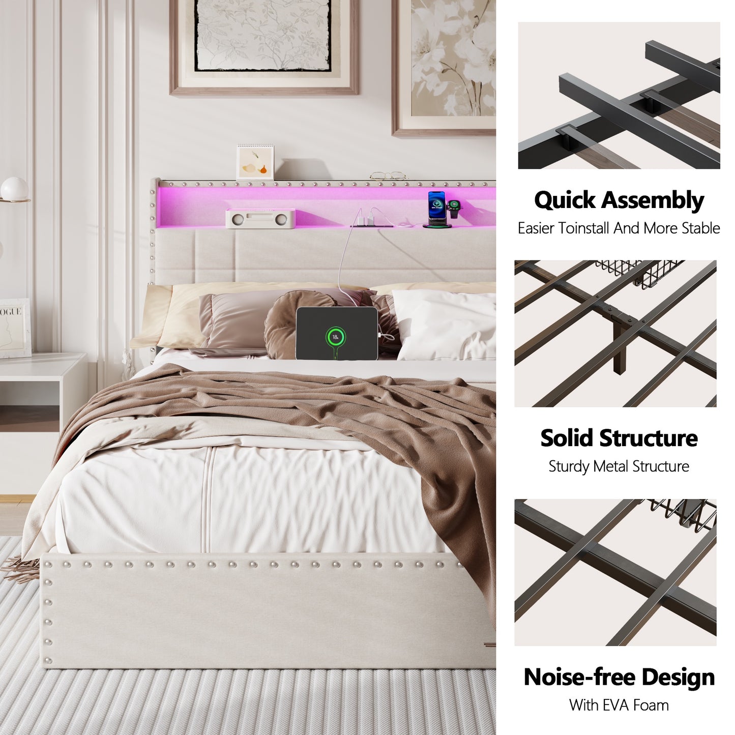 Satifur Queen Bed Frame with Charging Station, Queen Upholstered Rivet Storage Headboard Platform Beds, Noise-Free, Easy Assembly, Beige