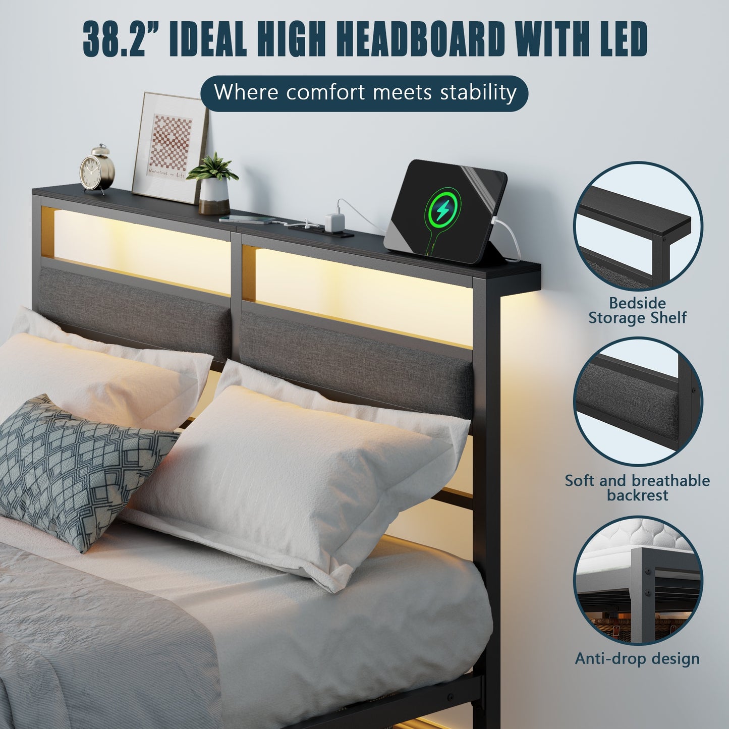 Tydimor Full Size Bed Frame with USB Charging Station, LED Lights & Upholstered Headboard & Shelf, Metal Black