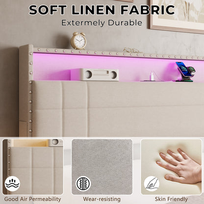 Satifur Queen Bed Frame with Charging Station, Queen Upholstered Rivet Storage Headboard Platform Beds, Noise-Free, Easy Assembly, Beige