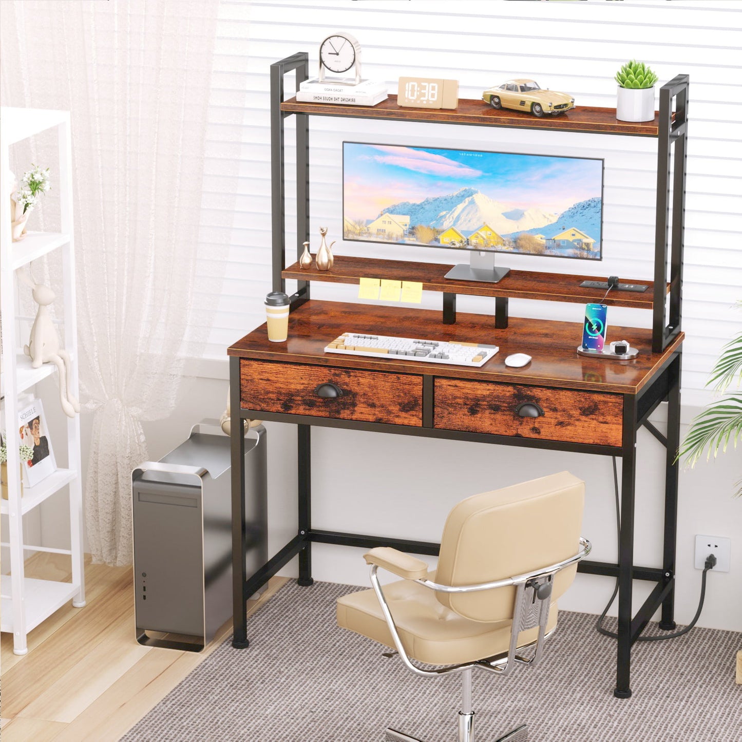 Hexmn Gaming Desk with LED Strip,Computer Desk with 2 Drawer,Rustic Brown