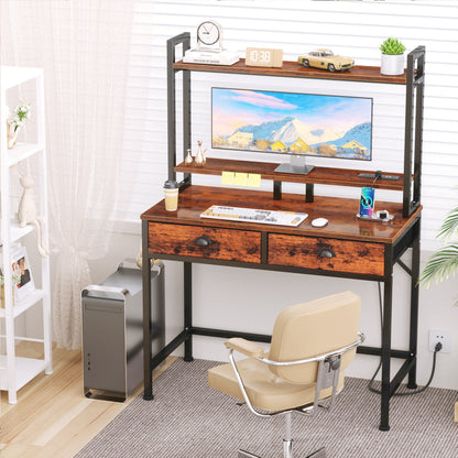 Hexmn Gaming Desk with LED Strip,Computer Desk with 2 Drawer,Rustic Brown