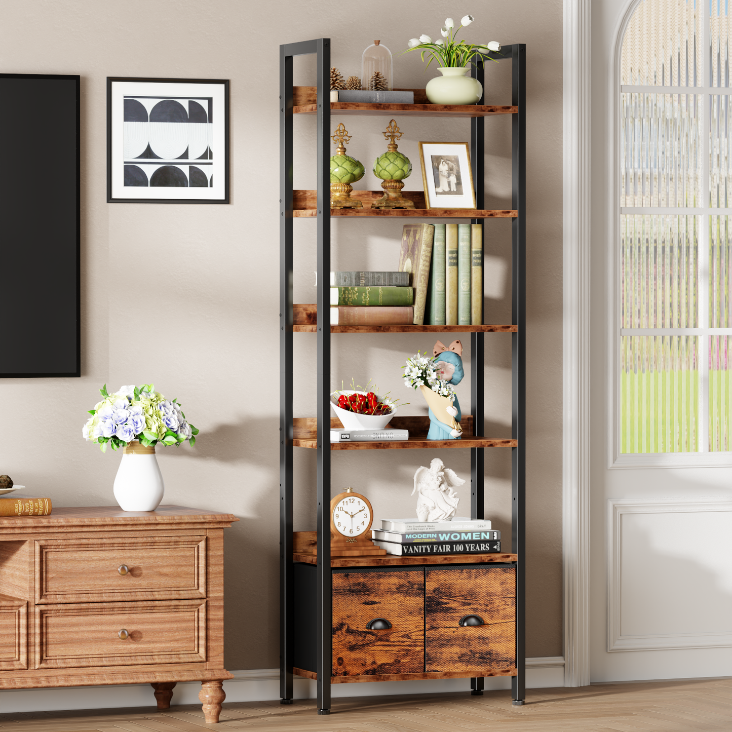 Satifur 6 Tier Rustic Brown Freestanding Bookcase, Large Capacity Organizer with Removable Drawers, Easy Clean for Kitchen, Balcony