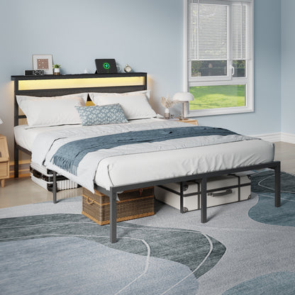 Tydimor Queen Size Bed Frame with USB Charging Station, LED Lights & Upholstered Headboard & Shelf, Metal Black