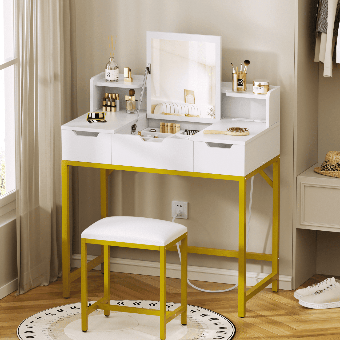 Hexmn Vanity Set with mirror and charging station, makeup dressing tables with drawers storage for gift