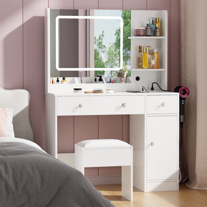 Hexmn women dressing Vanity Set with storage drawers & cabinet, LED Makeup tables with charging station, square mirror for bedroom