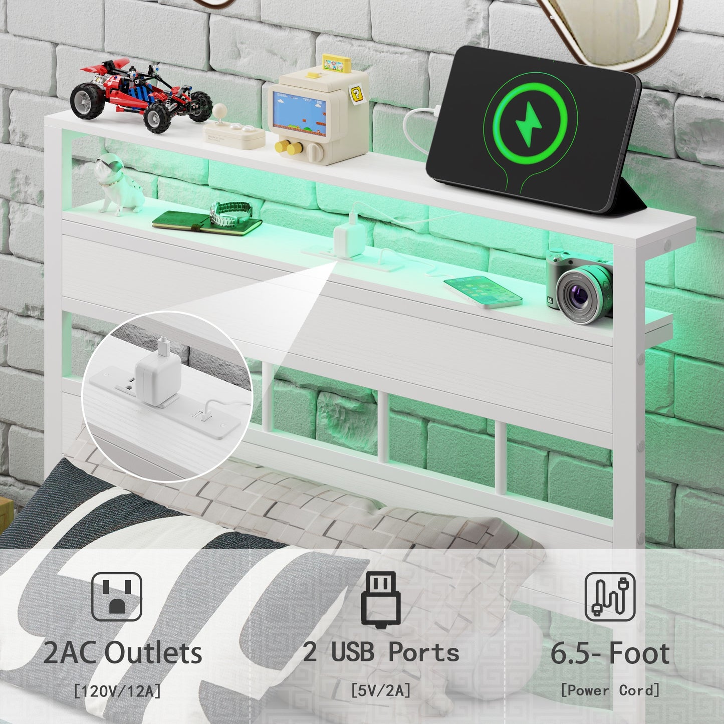 Tydimor Twin Bed Frames with Wood Headboard & 2-Tier Storage Shelves, Twin Size Platform Bed with Charging Station and LED Lights, No Box Spring Needed, White