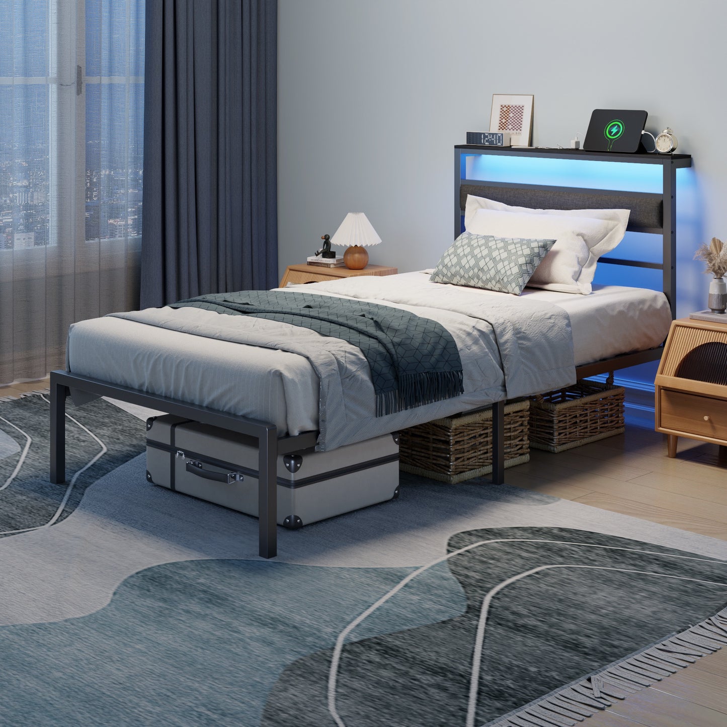 Tydimor Twin Size Bed Frame with USB Charging Station, LED Lights & Upholstered Headboard & Shelf, Metal Black