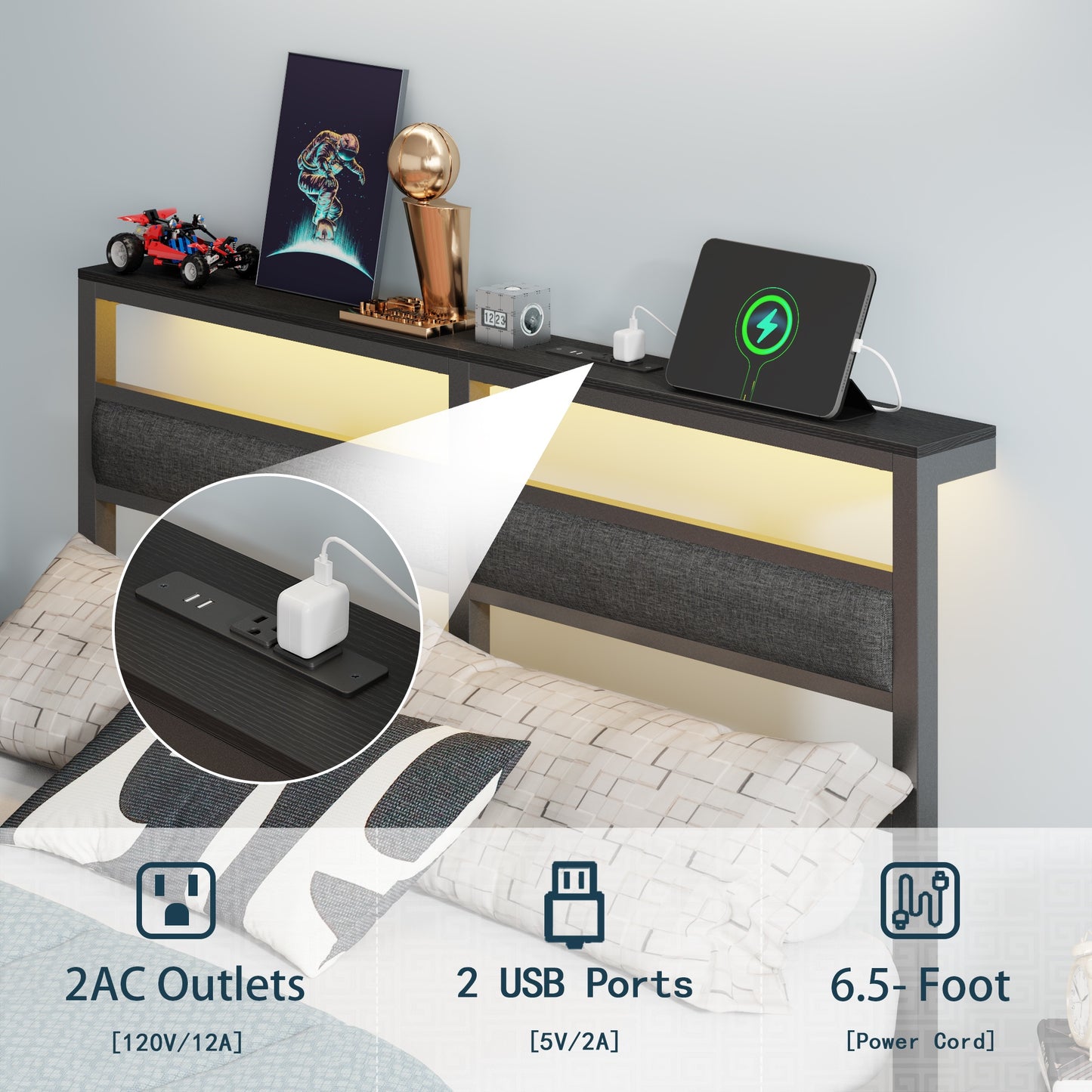 Tydimor Full Size Bed Frame with USB Charging Station, LED Lights & Upholstered Headboard & Shelf, Metal Black