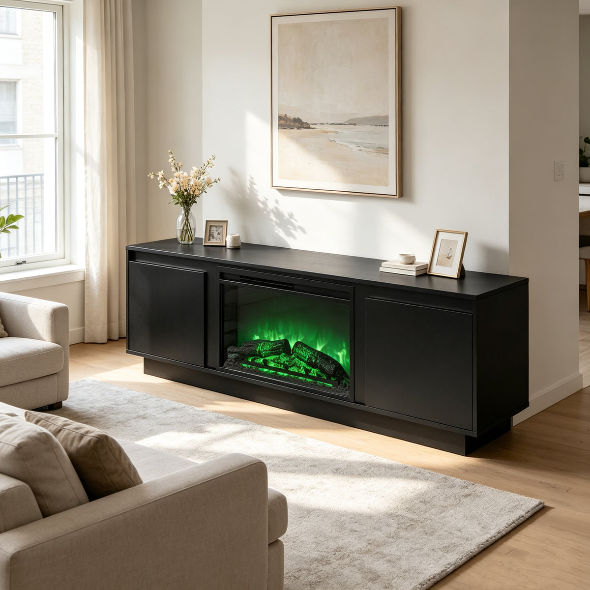 Tydimor TV Stand for TVs up to 70", Electric Fireplace Entertainment Center with Bottom LED Ambient Light, Media Console Cabinet with Side Storage Cabinets for Living Room