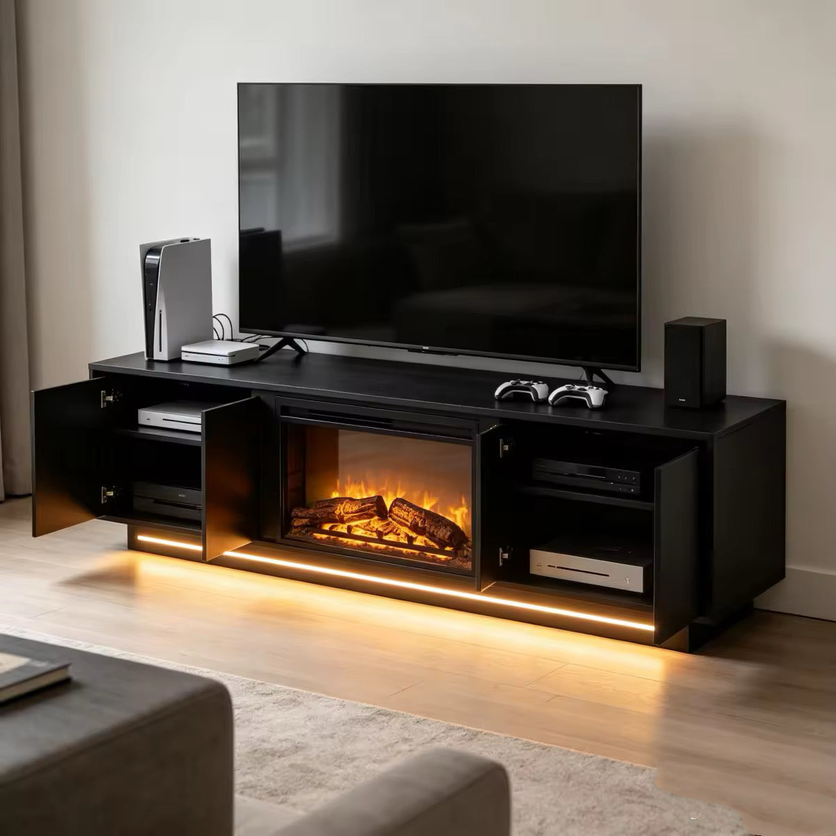 Tydimor TV Stand for TVs up to 70", Electric Fireplace Entertainment Center with Bottom LED Ambient Light, Media Console Cabinet with Side Storage Cabinets for Living Room