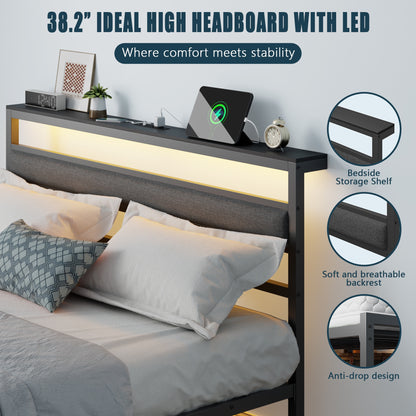 Tydimor Queen Size Bed Frame with USB Charging Station, LED Lights & Upholstered Headboard & Shelf, Metal Black