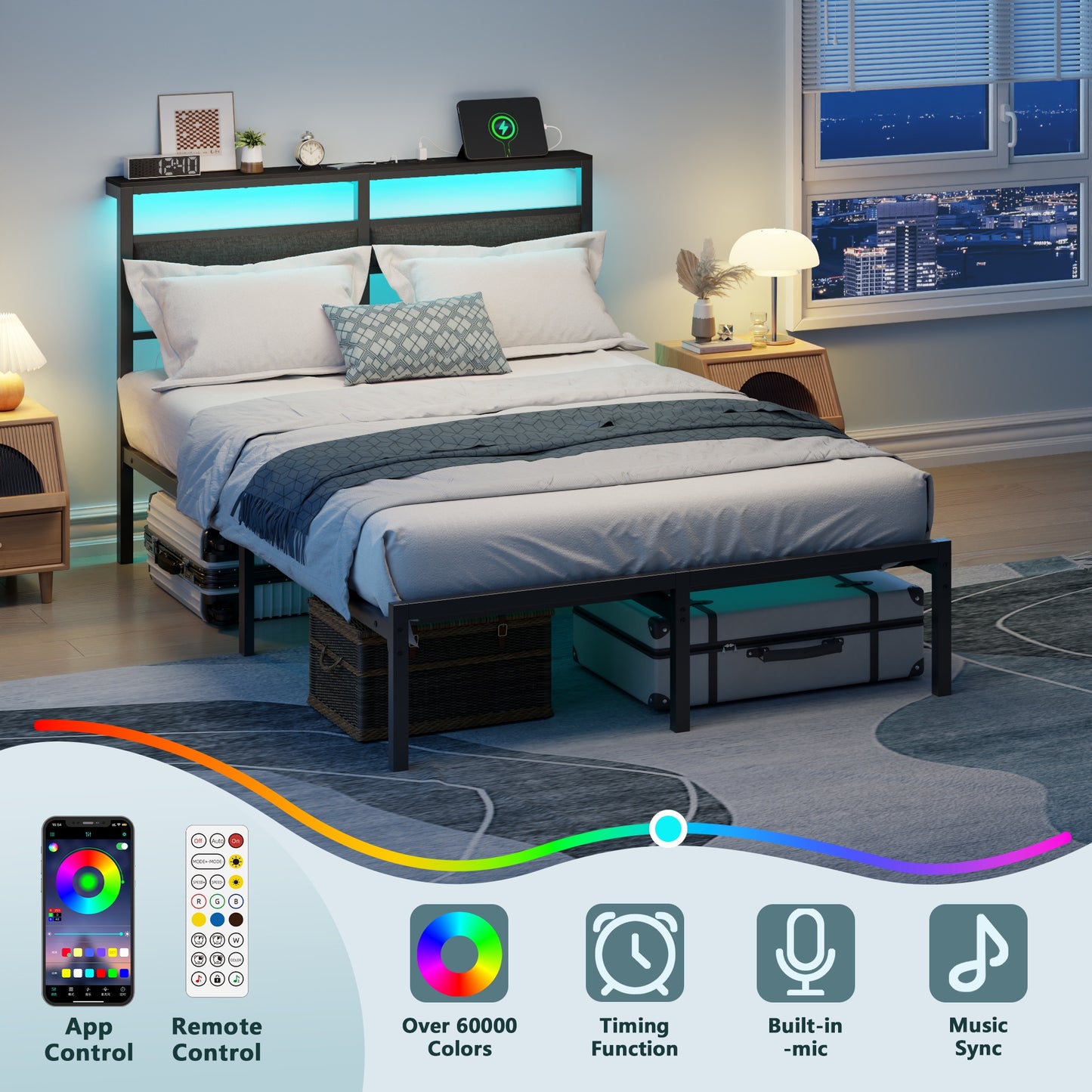 Tydimor Full Size Bed Frame with USB Charging Station, LED Lights & Upholstered Headboard & Shelf, Metal Black