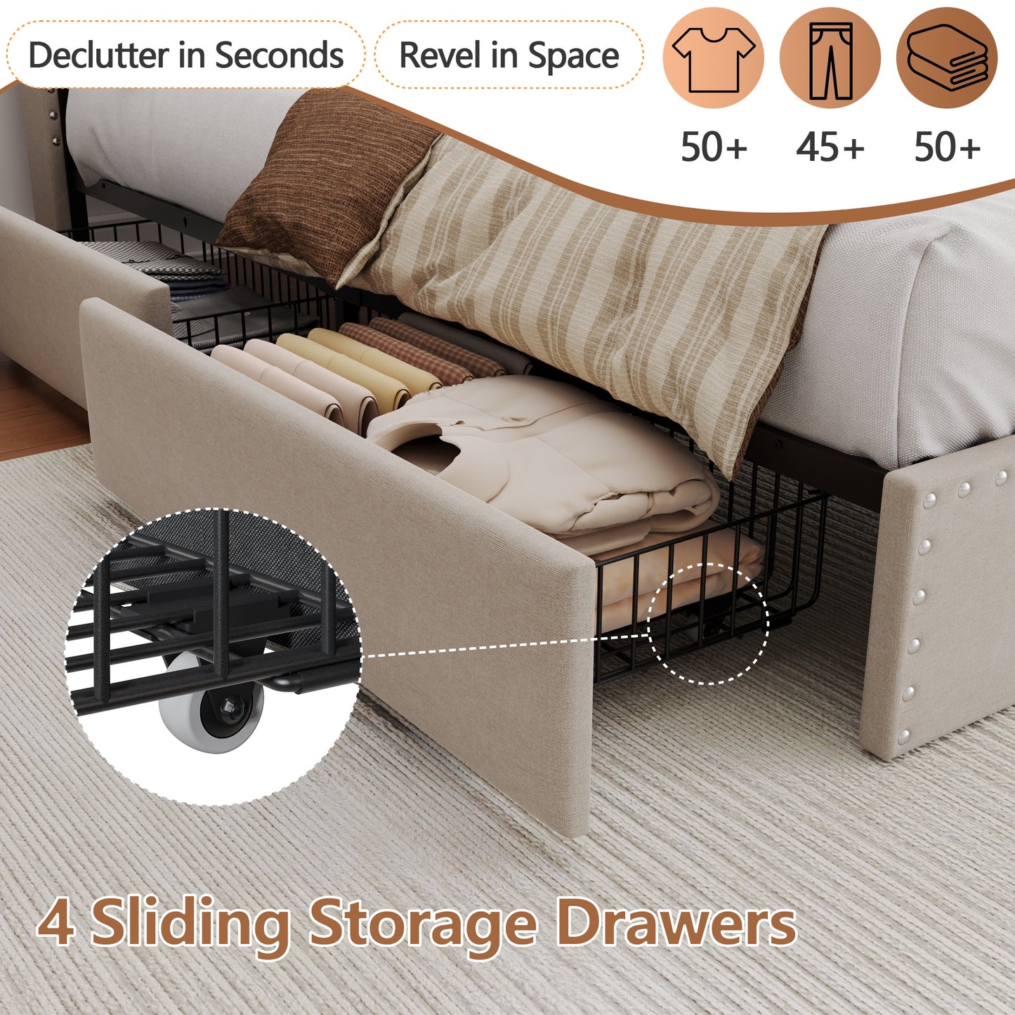 Satifur Queen Bed Frame with Charging Station, Queen Upholstered Rivet Storage Headboard Platform Beds, Noise-Free, Easy Assembly, Beige