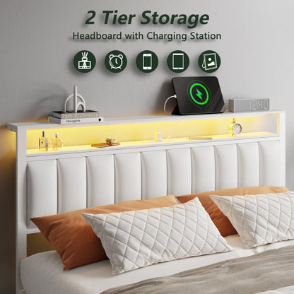 Tydimor Queen Bed Frames with LED Lights, Platform Bed with Metal Slats, Headboard with 2-Tier Storage Shelves & Charging Station, No Box Spring Needed, White