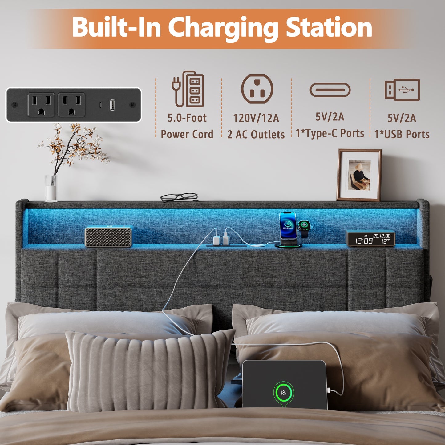 Satifur Queen Bed Frame with Charging Station, Queen Upholstered Rivet Storage Headboard Platform Beds, Noise-Free, Easy Assembly, Dark Grey