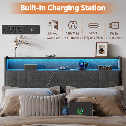 Satifur Queen Bed Frame with Charging Station, Queen Upholstered Rivet Storage Headboard Platform Beds, Noise-Free, Easy Assembly, Dark Grey