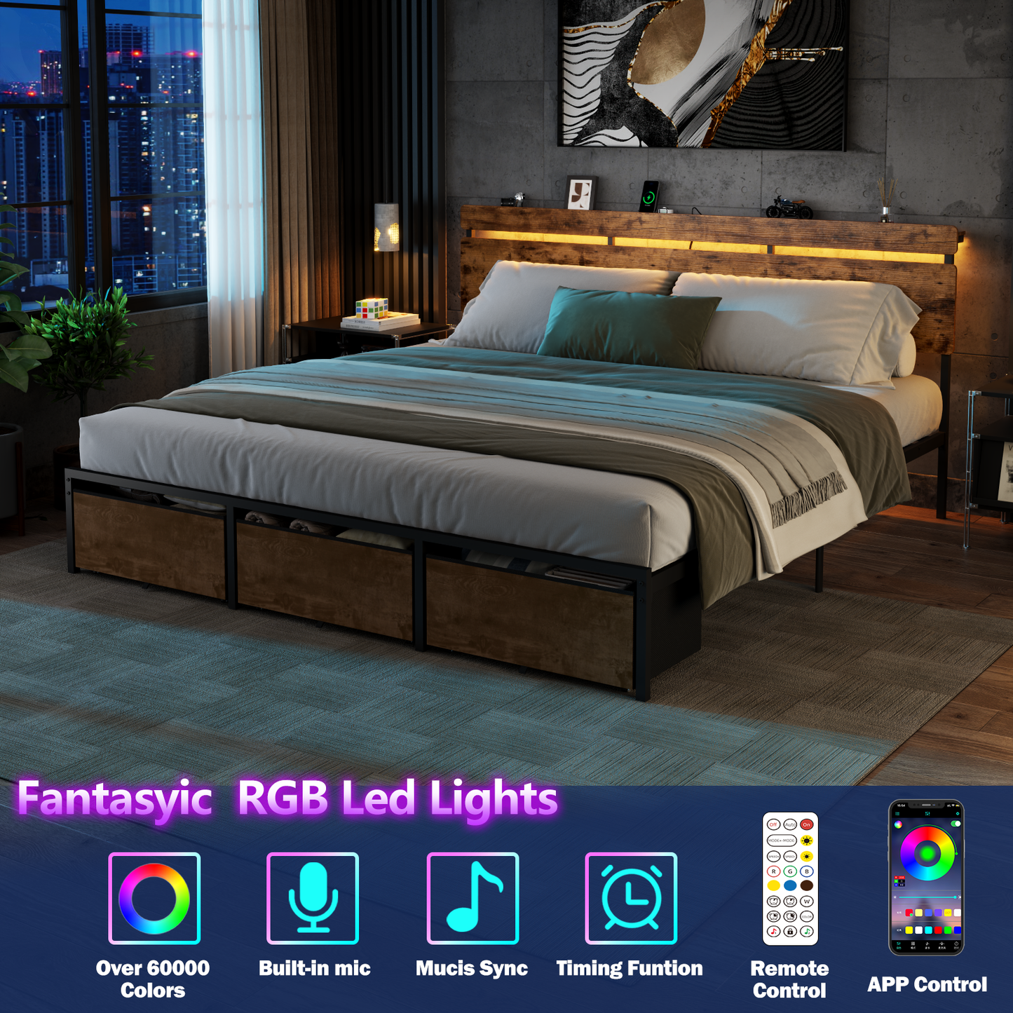 Satifur King Size Bed Frame with 3 Drawers & LED Lights & Charging Station, Beds with Headboard & 10.10" Under Bed Storage, No Box Spring Needed, Easy Assembly, Rustic Brown