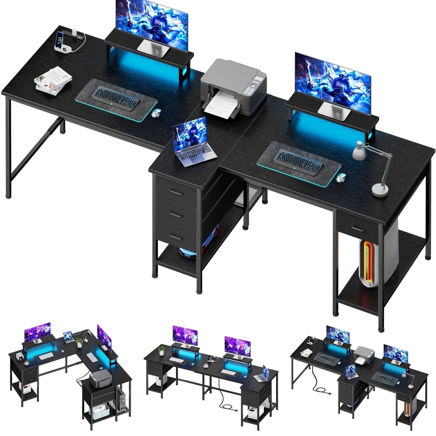 Hexmn LED Lights Computer Monitor Desks fabric drawers for 2 Monitors Dual, L Shape Smart Corner Gaming Tables with Charging Station