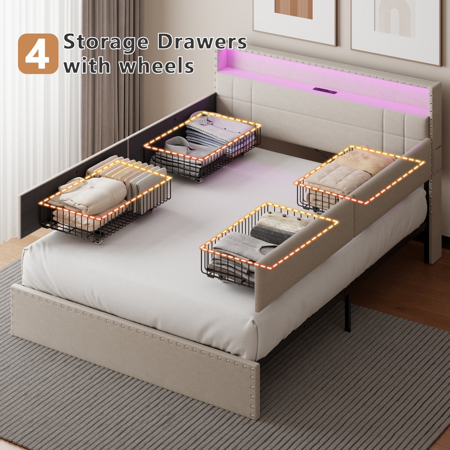 Satifur Queen Bed Frame with Charging Station, Queen Upholstered Rivet Storage Headboard Platform Beds, Noise-Free, Easy Assembly, Beige