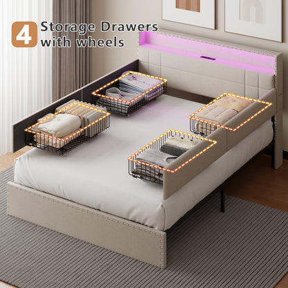 Satifur Queen Bed Frame with Charging Station, Queen Upholstered Rivet Storage Headboard Platform Beds, Noise-Free, Easy Assembly, Beige