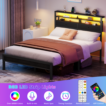 Satifur Full Size Bed Frame with 2 Storage Drawers Headboard, LED & Charging Station, Black oack