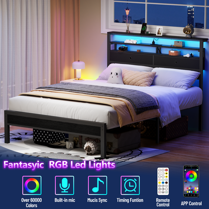 Satifur Full Size Bed Frame with 2 Storage Drawers Headboard, LED & Charging Station, Black oack