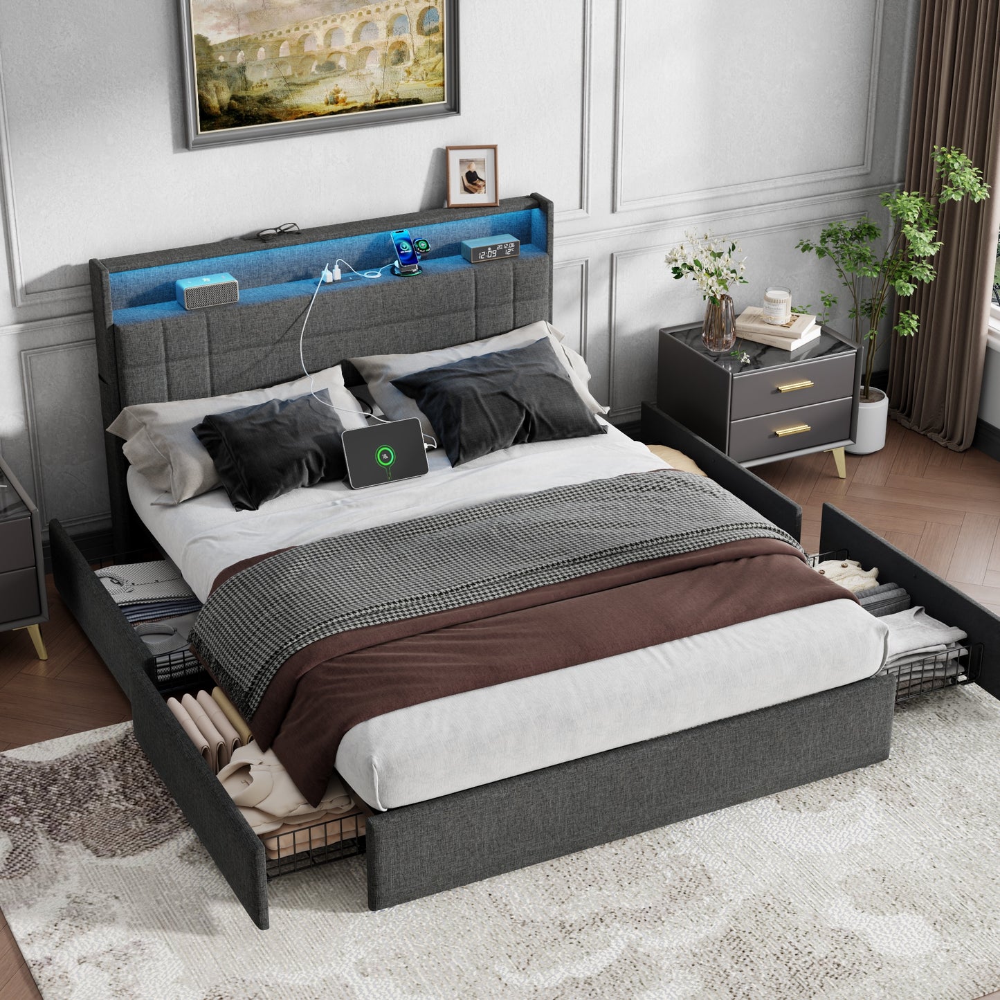 Satifur Queen Bed Frame with Charging Station, Queen Upholstered Rivet Storage Headboard Platform Beds, Noise-Free, Easy Assembly, Dark Grey