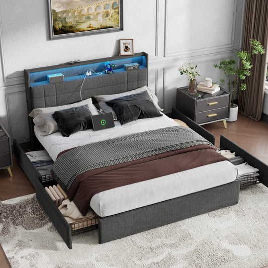 Satifur Queen Bed Frame with Charging Station, Queen Upholstered Rivet Storage Headboard Platform Beds, Noise-Free, Easy Assembly, Dark Grey