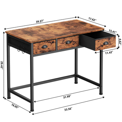 Satifur Computer Desk with Drawers & Hooks, 40" Writing Desk with 3 Fabric Drawers for Bedroom, Rustic Brown