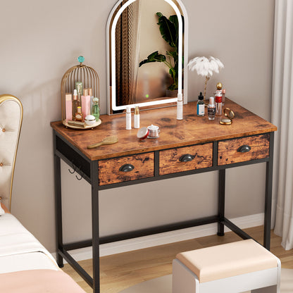 Satifur Computer Desk with Drawers & Hooks, 40" Writing Desk with 3 Fabric Drawers for Bedroom, Rustic Brown