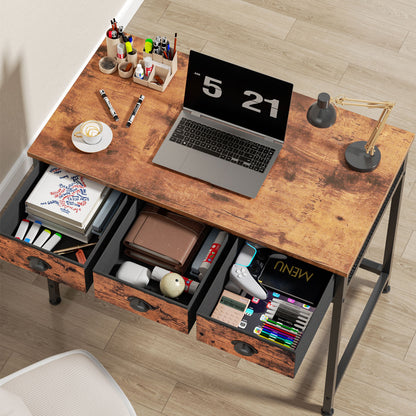 Satifur Computer Desk with Drawers & Hooks, 40" Writing Desk with 3 Fabric Drawers for Bedroom, Rustic Brown