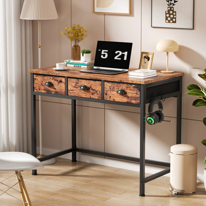 Satifur Computer Desk with Drawers & Hooks, 40" Writing Desk with 3 Fabric Drawers for Bedroom, Rustic Brown