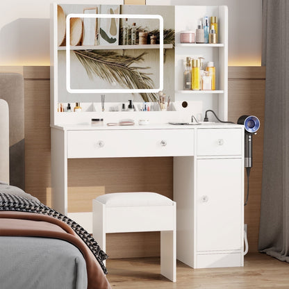 Hexmn square mirror Vanity Set with charging station, LED dressing tables with stools, drawers storage cabinet