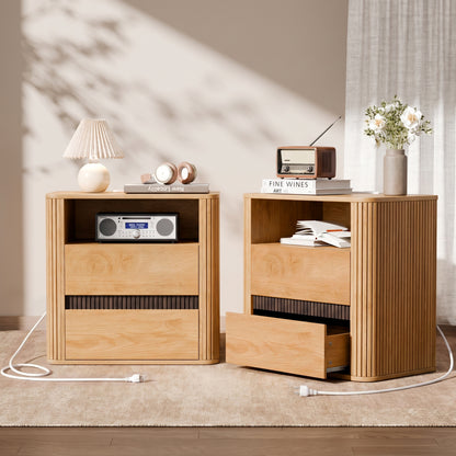 Satifur Wooden Nightstand Set of 2 with Charging Station, 2 Drawers Bedside Table, Storage End Table for Bedroom Living Room, Natural Wood