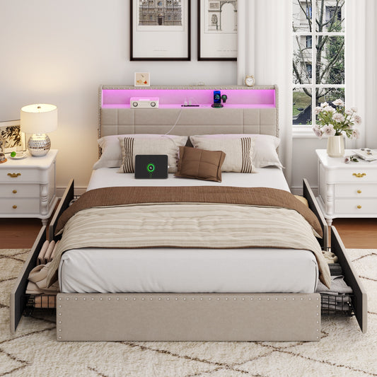 Satifur Queen Bed Frame with Charging Station, Queen Upholstered Rivet Storage Headboard Platform Beds, Noise-Free, Easy Assembly, Beige