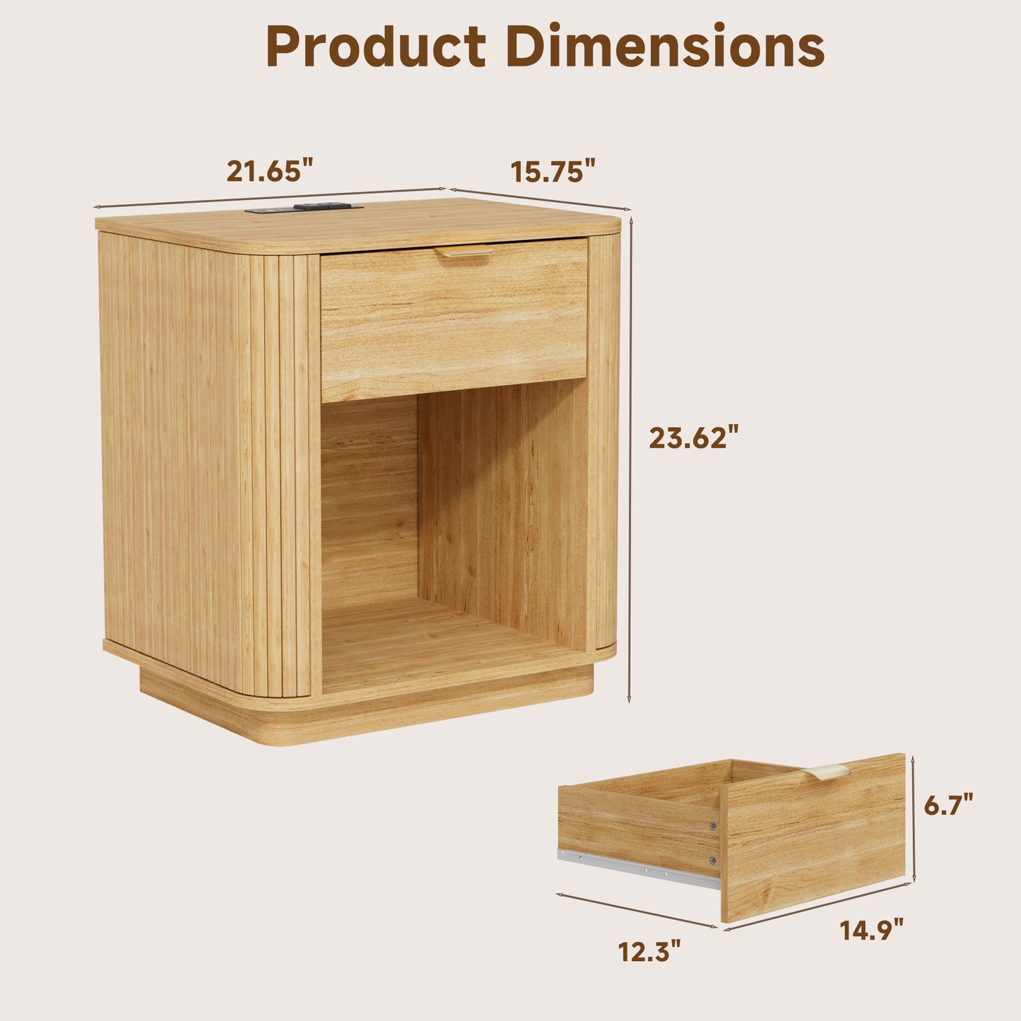 Satifur Wooden Nightstand with Charging Station, 1 Drawer Fluted Night Stand with Storage, Modern Bedside Table End Table for Bedroom Living Room, Natural