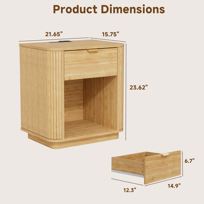 Satifur Wooden Nightstand with Charging Station, 1 Drawer Fluted Night Stand with Storage, Modern Bedside Table End Table for Bedroom Living Room, Natural