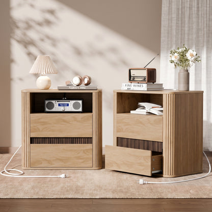Satifur Wooden Nightstand Set of 2 with Charging Station, 2 Drawers Bedside Table, Storage End Table for Bedroom Living Room, Oak