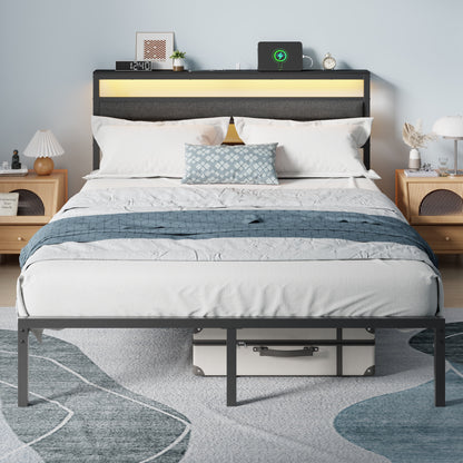 Tydimor Queen Size Bed Frame with USB Charging Station, LED Lights & Upholstered Headboard & Shelf, Metal Black