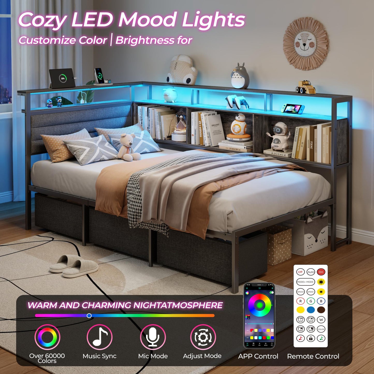 Satifur L-Shaped Corner Bed Frame with 3 Storage Drawers, 3 Cubbies & Double-Layer Shelf, LED Lights & Power Outlet, Corner Twin Beds for Living Room, Bedroom and Guest, Grey Oak