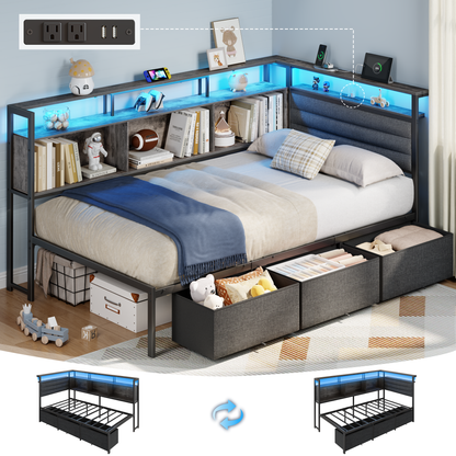Satifur L-Shaped Corner Bed Frame with 3 Storage Drawers, 3 Cubbies & Double-Layer Shelf, LED Lights & Power Outlet, Corner Twin Beds for Living Room, Bedroom and Guest, Grey Oak