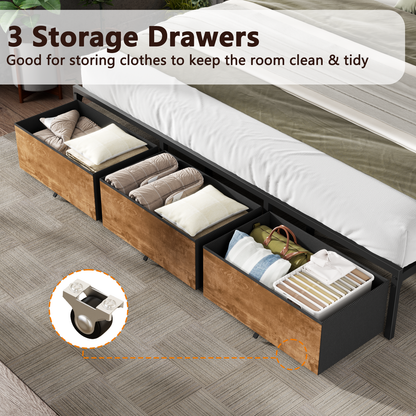 Satifur King Size Bed Frame with 3 Drawers & LED Lights & Charging Station, Beds with Headboard & 10.10" Under Bed Storage, No Box Spring Needed, Easy Assembly, Rustic Brown