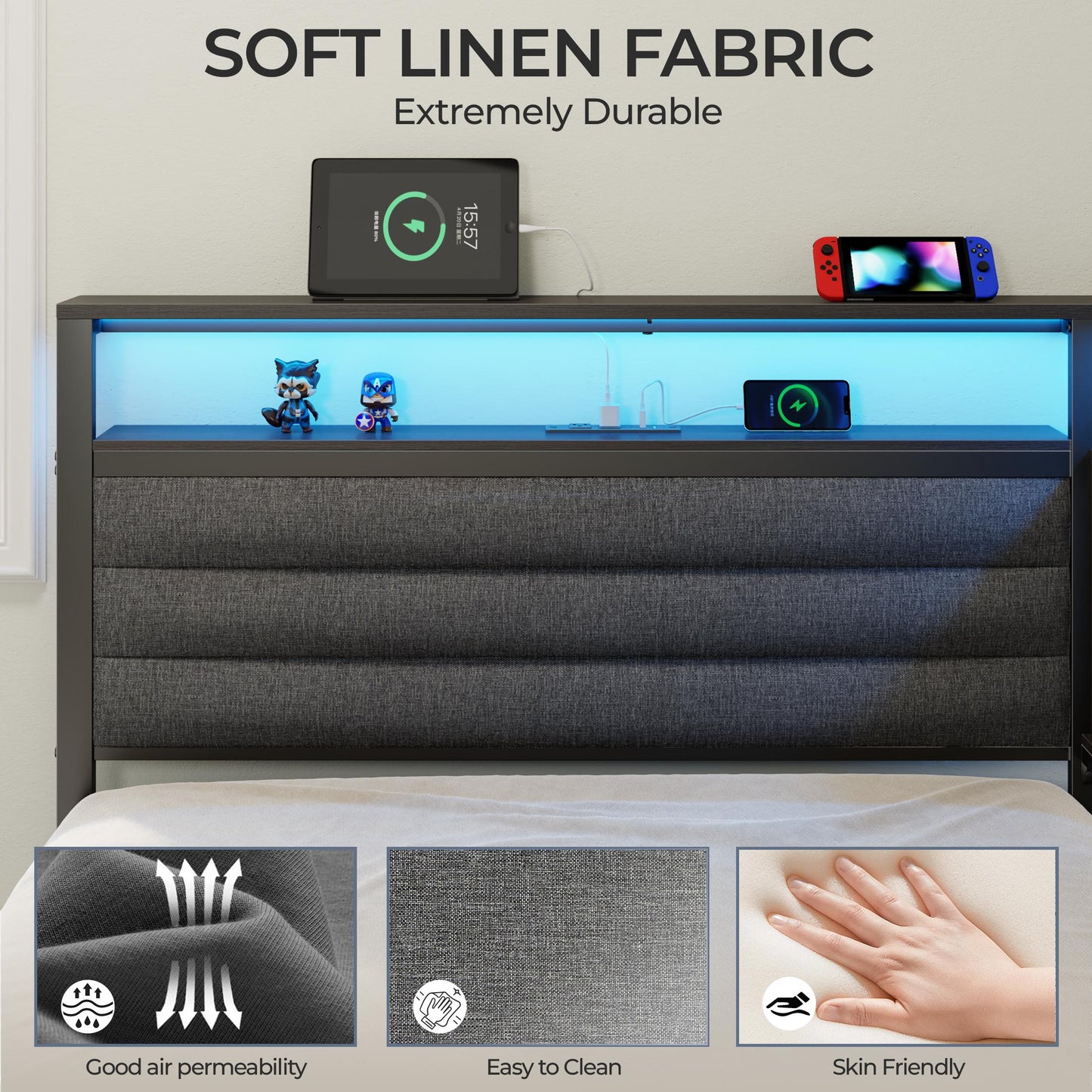 Satifur L-Shaped Corner Bed Frame with 3 Storage Drawers, 3 Cubbies & Double-Layer Shelf, LED Lights & Power Outlet, Corner Twin Beds for Living Room, Bedroom and Guest, Black