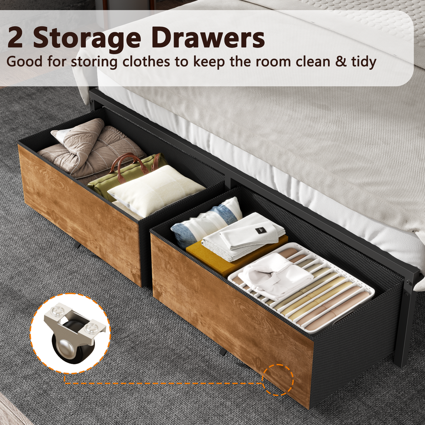 Satifur Full Size Bed Frame with 2 Drawers & LED Lights & Charging Station, Beds with Headboard & 10.10" Under Bed Storage, No Box Spring Needed, Easy Assembly, Rustic Brown