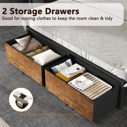 Satifur Full Size Bed Frame with 2 Drawers & LED Lights & Charging Station, Beds with Headboard & 10.10" Under Bed Storage, No Box Spring Needed, Easy Assembly, Rustic Brown