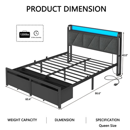 Satifur Queen Bed Frame with 2 Storage Drawers and Upholstered Storage Headboard, Metal Platform Bed with Charging Station & LED, Noise-Free, No Box Spring Needed, Dark Grey & Black