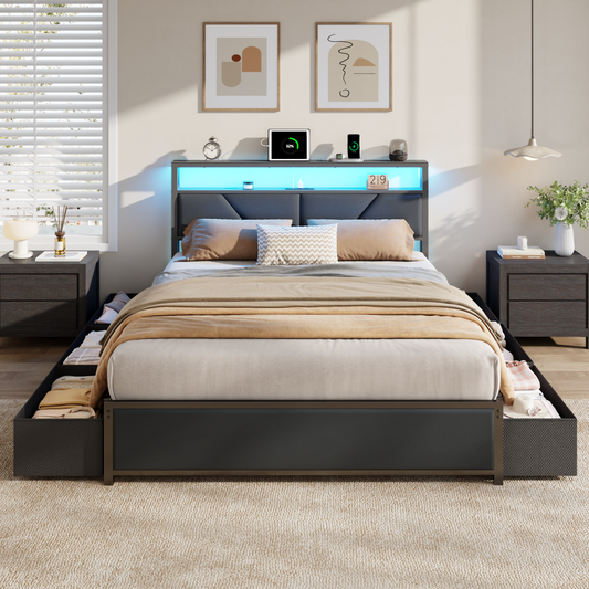 Satifur Queen Bed Frame with 6 Storage Drawers, Metal Platform Bed Frame with 2-Tier Storage Upholstered Headboard & LED, Built in Charging Station, Noise-Free, No Box Spring Needed, Black