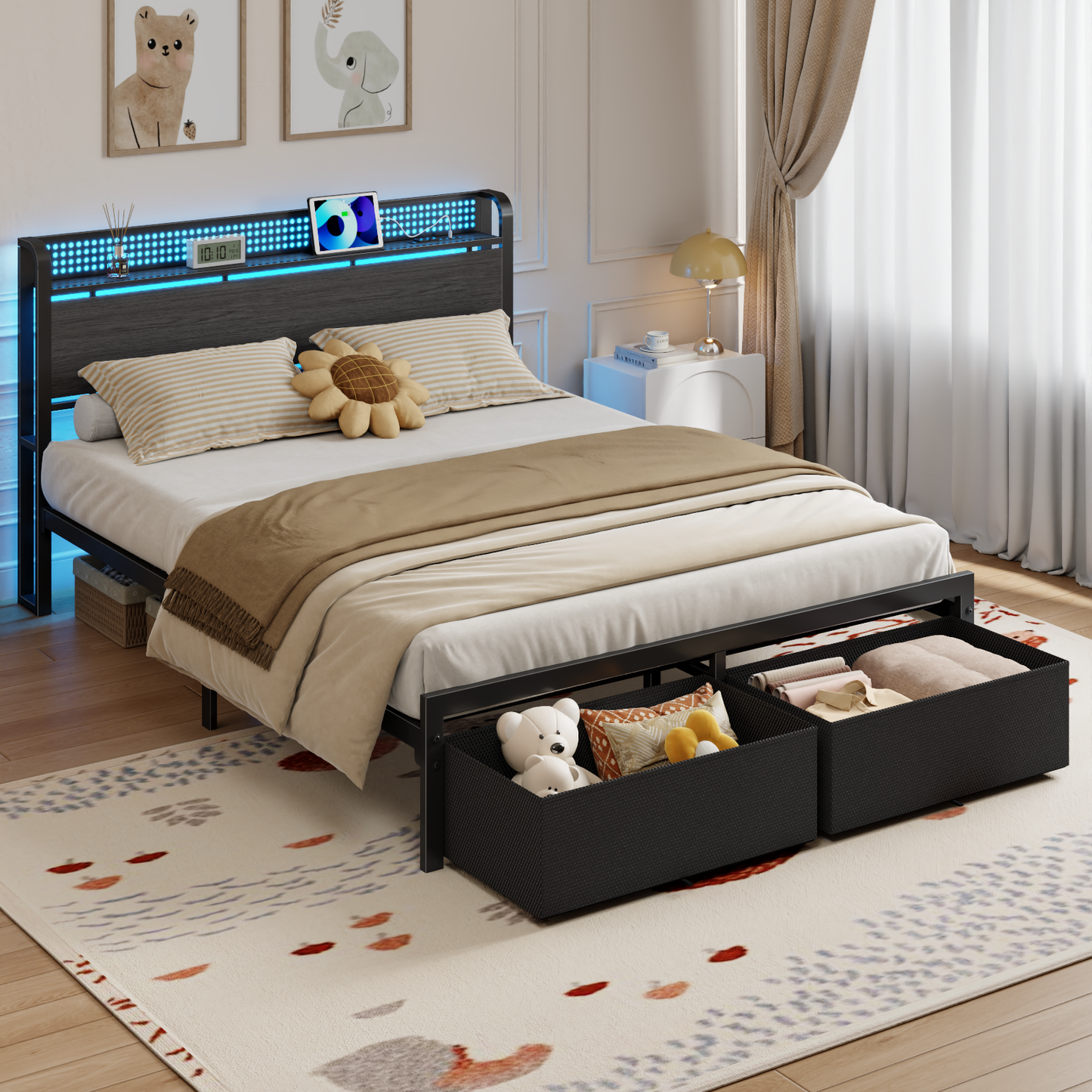 Satifur Queen Bed Frame with 2 Drawers & Storage Headboard, Platform Metal Bed with Charging Station, No Box Spring Needed, Rustic Grey