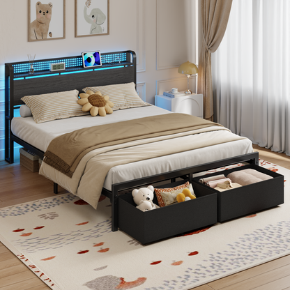 Satifur Queen Bed Frame with 2 Drawers & Storage Headboard, Platform Metal Bed with Charging Station, No Box Spring Needed, Rustic Grey