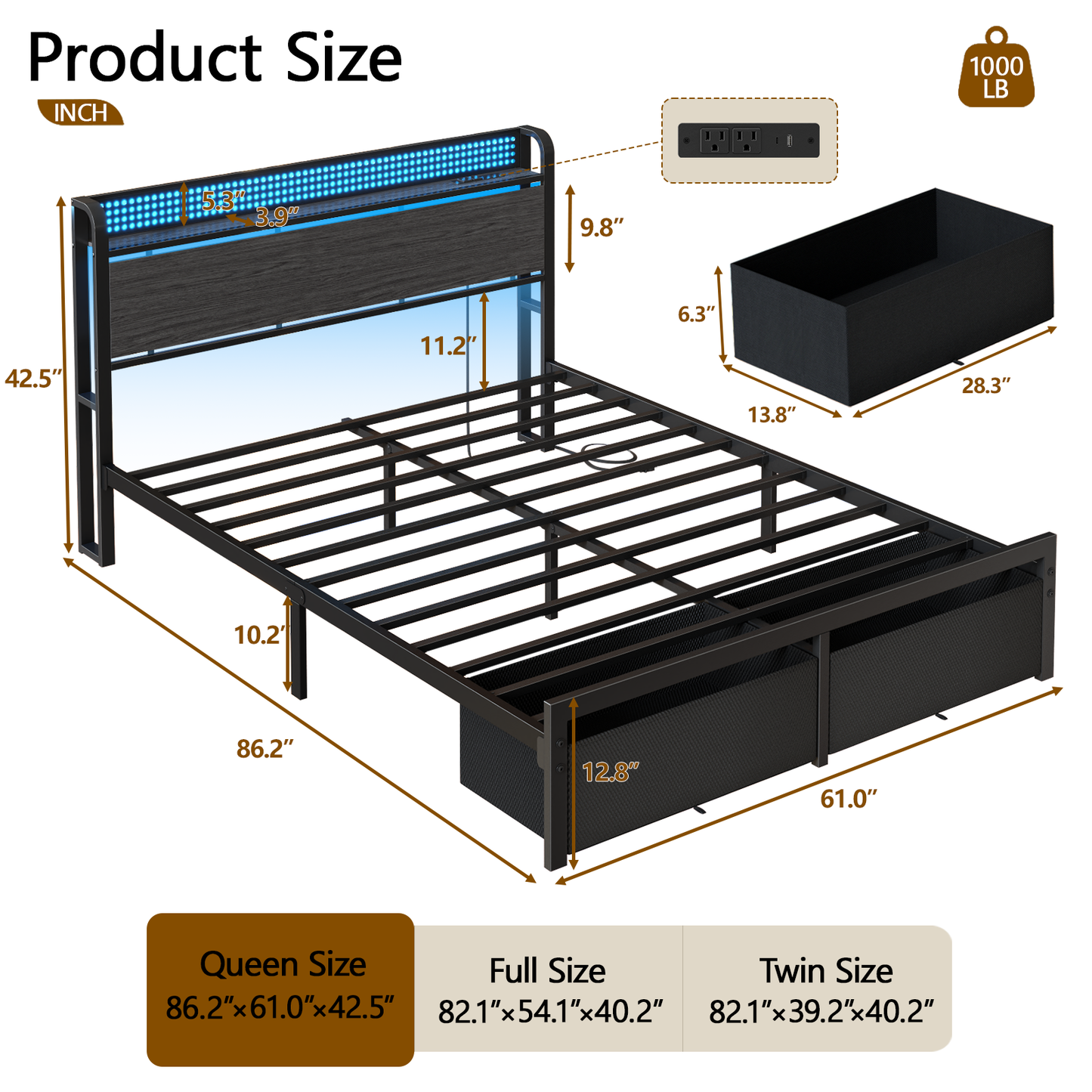 Satifur Queen Bed Frame with 2 Drawers & Storage Headboard, Platform Metal Bed with Charging Station, No Box Spring Needed, Rustic Grey